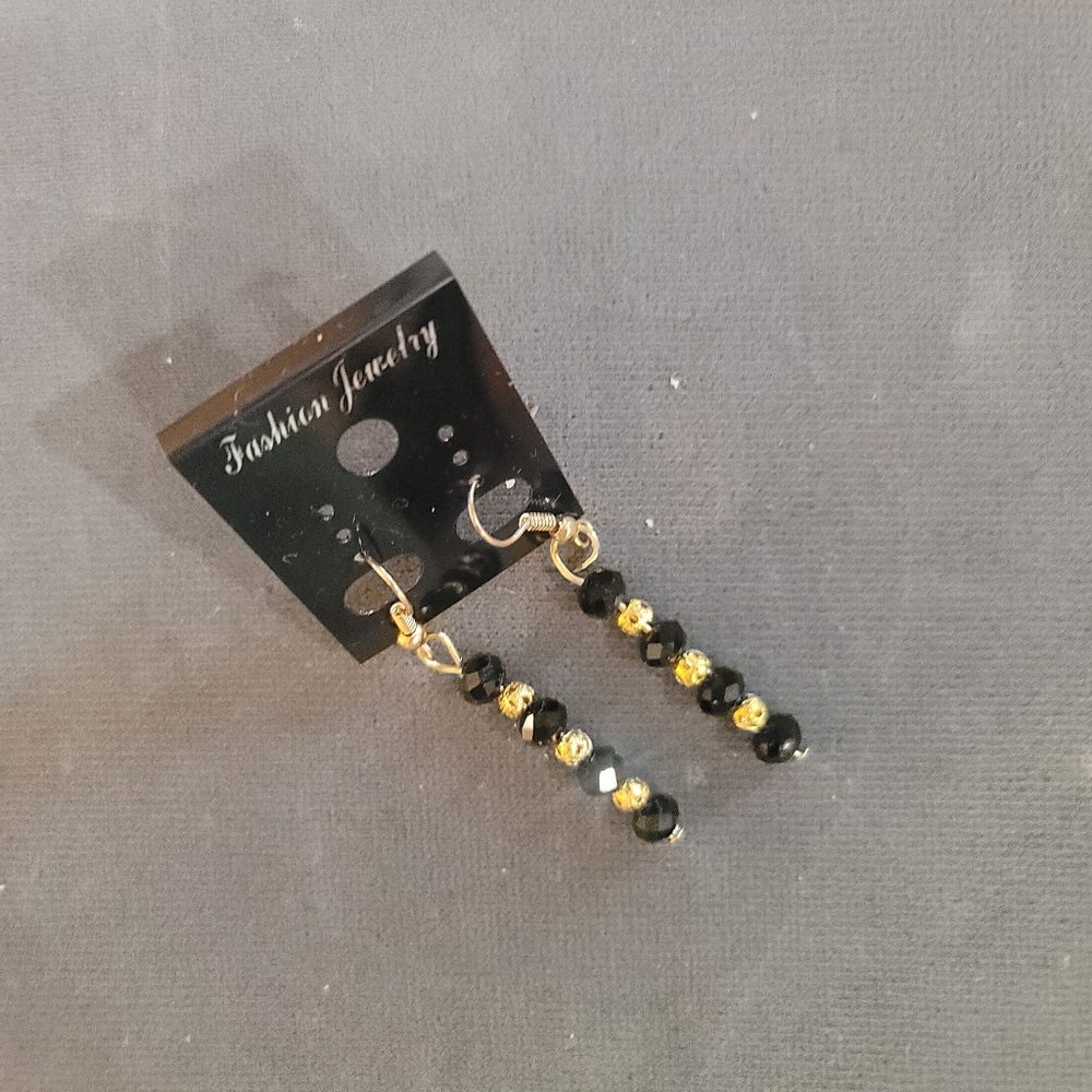 EBONY BLACK AUSTRIAN SWAROVS GOLD DISCO BALL ACCENT DROPDANGLE  PIERCED EARRINGS - Picture 3 of 5